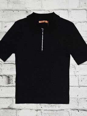Beldini Rib Knit Zip Polo Sweater Top Black Short Sleeve Size Large NWT